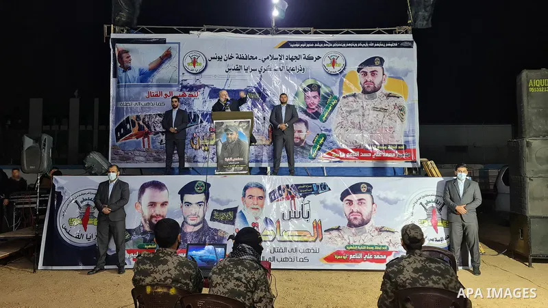 Palestinian leader in the Islamic Jihad movement, Nafez Azzam, speaks during a memorial service Mohammed Al Naem, who shot dead by Israeli forces, in Khan Yunis in the southern Gaza Strip on February 26, 2021. Al-Naem wa...