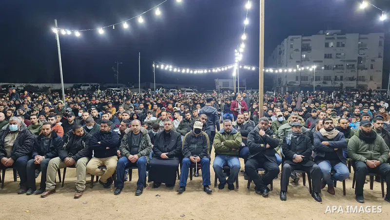 Palestinians attend a memorial service Mohammed Al Naem, who shot dead by Israeli forces, in Khan Yunis in the southern Gaza Strip on February 26, 2021. Al-Naem was killed shot dead by Israeli forces after he was suspect...