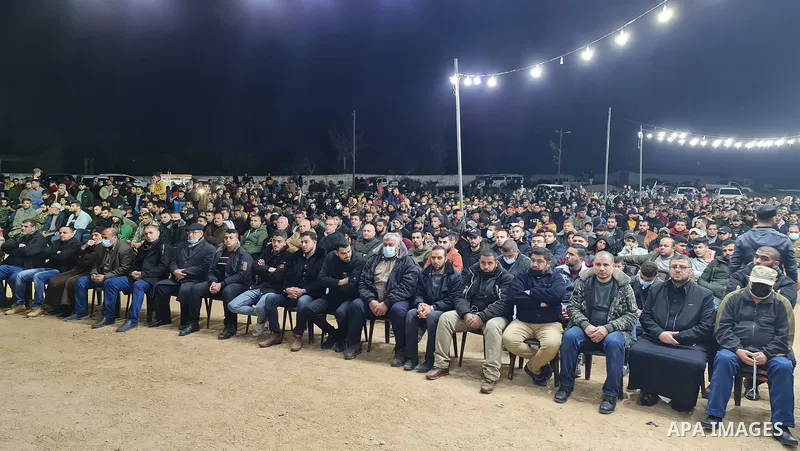 Palestinians attend a memorial service Mohammed Al Naem, who shot dead by Israeli forces, in Khan Yunis in the southern Gaza Strip on February 26, 2021. Al-Naem was killed shot dead by Israeli forces after he was suspect...