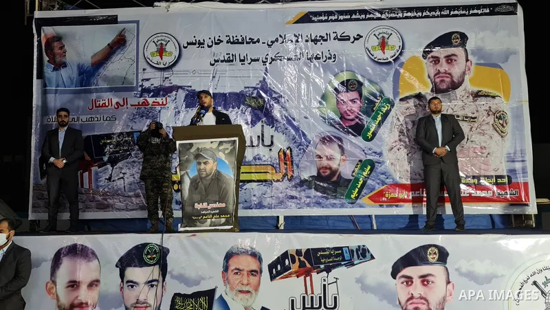 Palestinian leader in the Islamic Jihad movement, Nafez Azzam, speaks during a memorial service Mohammed Al Naem, who shot dead by Israeli forces, in Khan Yunis in the southern Gaza Strip on February 26, 2021. Al-Naem wa...