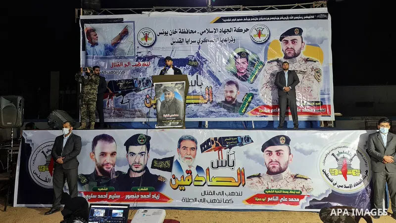 Palestinians attend a memorial service Mohammed Al Naem, who shot dead by Israeli forces, in Khan Yunis in the southern Gaza Strip on February 26, 2021. Al-Naem was killed shot dead by Israeli forces after he was suspect...