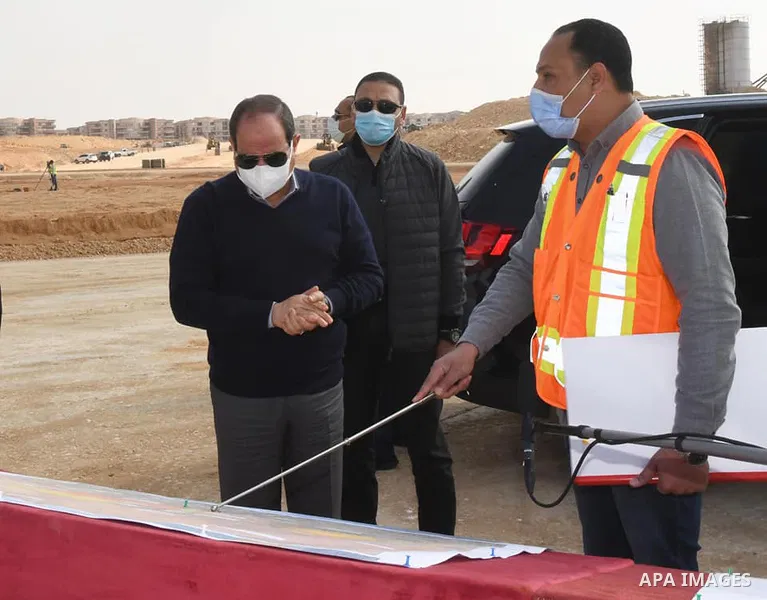 Egyptian President Abdel Fattah el-Sisi, inspects the road development works in Cairo, Egypt on February 26, 2021. Photo by Egyptian President Office