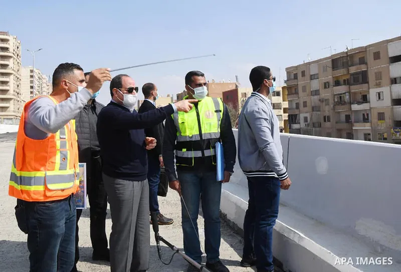 Egyptian President Abdel Fattah el-Sisi, inspects the road development works in Cairo, Egypt on February 26, 2021. Photo by Egyptian President Office