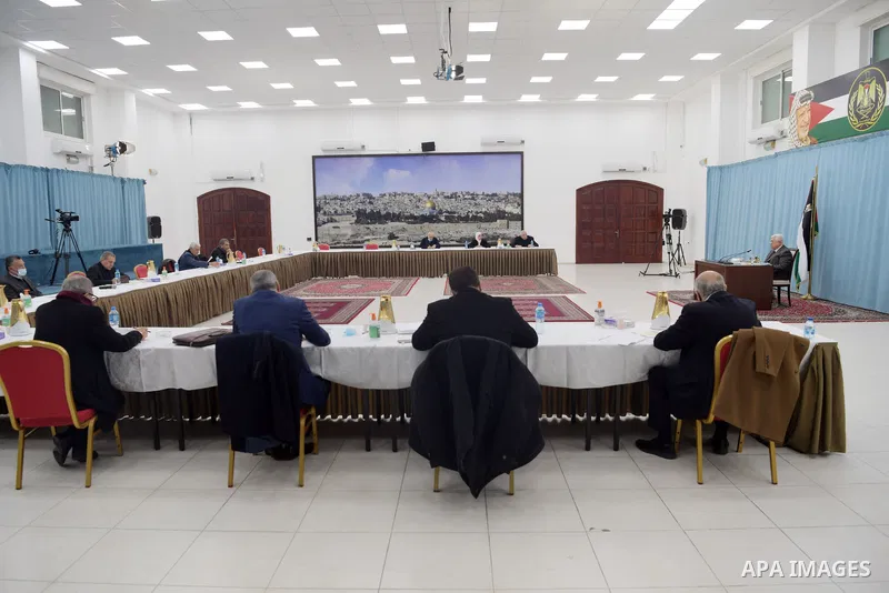 Palestinian President Mahmoud Abbas, chairs a meeting of the Central Committee of the Fatah movement, in the West Bank City of Ramallah, on February 25, 2021. Photo by Thaer Ganaim
