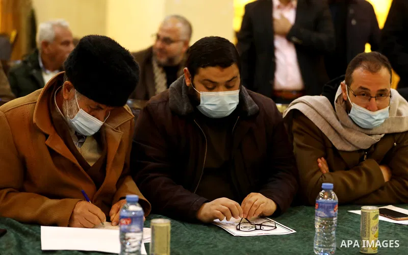 Palestinian leaders and factions attend a press conference entitled "the Code of Honor to Confronting Media Normalization", in Gaza city, on February 20, 2021. The Palestinians have vehemently rejected agreements reached...