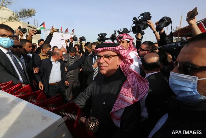 Qatar's Ambassador to the Palestinian Authority, Mohammed Al Emadi, attends the opening ceremony of Hamad bin Qasim Hospital, funded by Qatar in Rafah in the southern of Gaza Strip, on February 8, 2021. In a statement, t...