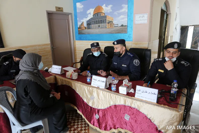Members of the Palestinian Police are waiting to receive complaints from citizens and drivers inside the Traffic Police headquarters, in Deir al-Balah, central of Gaza Strip on February 4, 2021. The General Administratio...