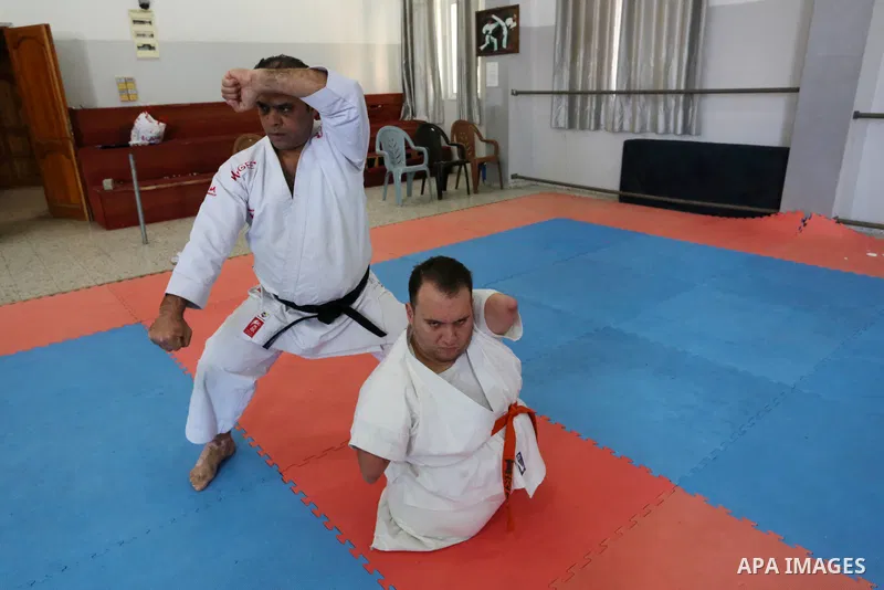 Disabled Palestinian man Youssef Abu Amira, 24, practices Karate in a club, in Gaza City January 25, 2021. Para-karate is the newest evolution of the martial art discipline that evolved in Japan. The new class of karate...