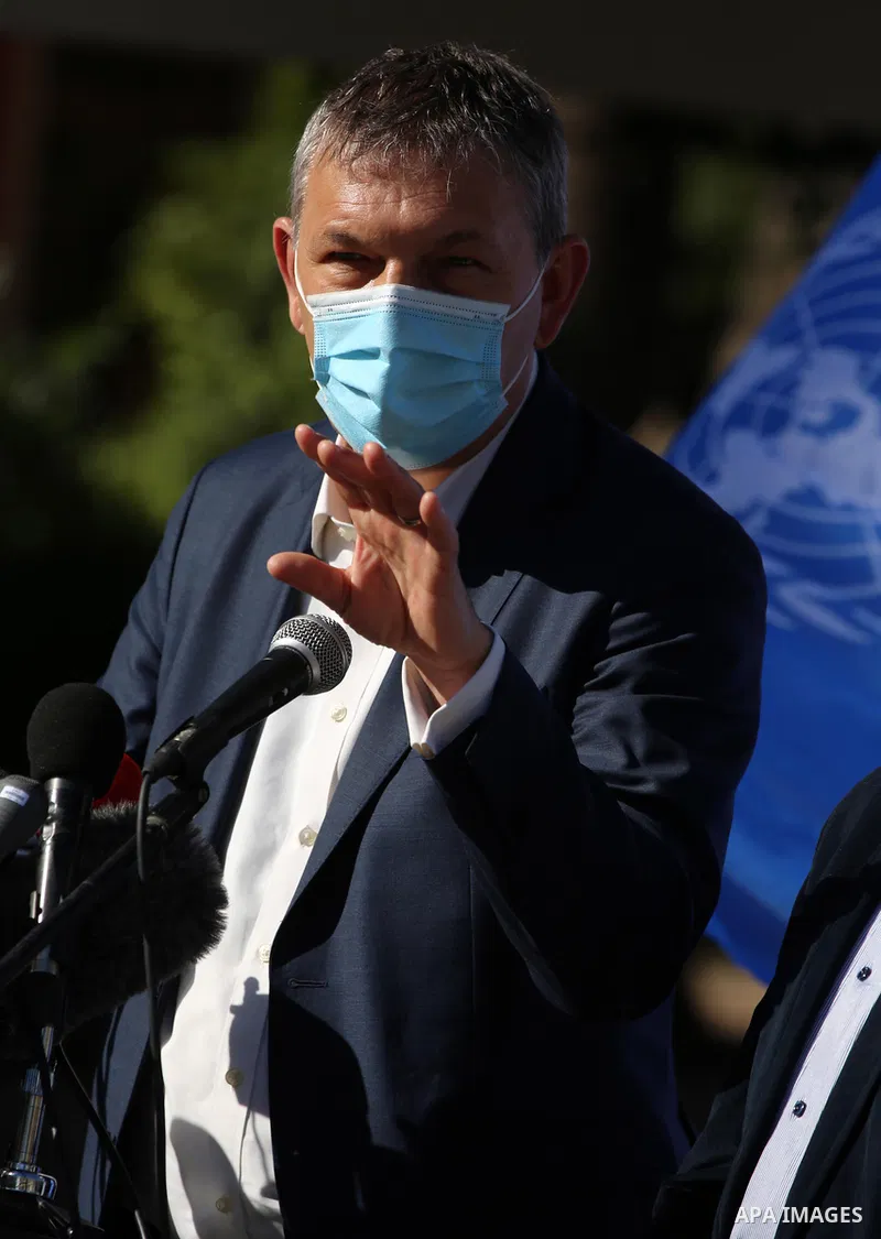 The Commissioner-General of UNRWA, Philippe Lazzarini, speaks during a press confernce, in Gaza city on January 14, 2021. Palestinian refugees in the Gaza Strip have slammed United Nations cuts to aid and services provid...