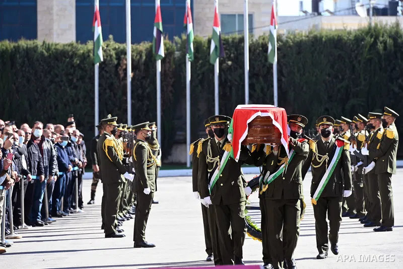 Palestinian President Mahmoud Abbas attends the funeral of former Minister of Civil Affairs Jamil Al-Tarifi in the West Bank city of Ramallah, on January 8, 2022. Photo by Thaer Ganaim
