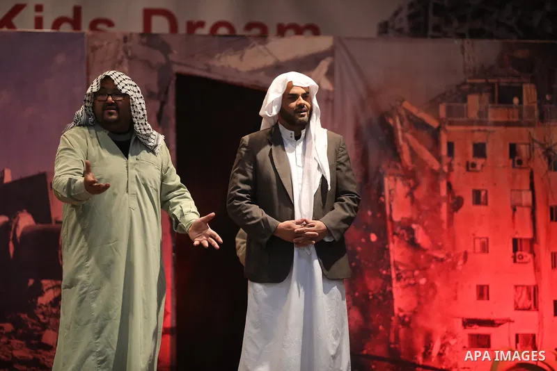 Palestinian artists perform the artistic operetta "When Kids Dream", in Gaza city on January 29, 2022. Two million Palestinians live the Gaza Strip, which has been subjected to a punishing and crippling Israeli blockade...
