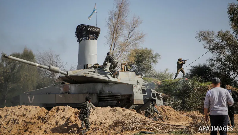 Palestinian actors and crew shoot a scene of the series "Qabdat al-Ahrar," meaning "Fist of the Free" in Arabic, in Beit Lahia in the northern of Gaza Strip on Feb. 03, 2022. In Gaza Strip, an impoverished Palestinian te...