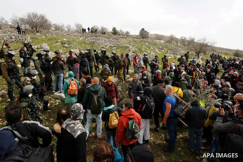 Israeli soldiers prevent Palestinians, Israeli activists and members of Knesset plant olive trees near outpost of Givat Ronen in Burin village, near the West Bank city of Nablus on February 4, 2022. Photo by Shadi Jarar'...