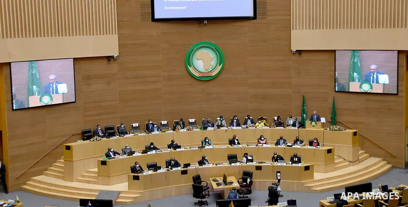 Palestinian Prime Minister Mohammed Ishtayeh speaks during the 35th Ordinary Session of the African Union (AU) Summit in Addis Ababa, Ethiopia on February 05, 2022. Photo by Shadi Hatem