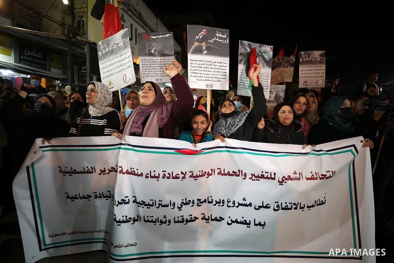 Palestinians take part in a protest against the session of Central Council, in Gaza city on February 6, 2022. The Palestinian Central Council, the second-highest decision-making body in the Palestine Liberation Organizat...