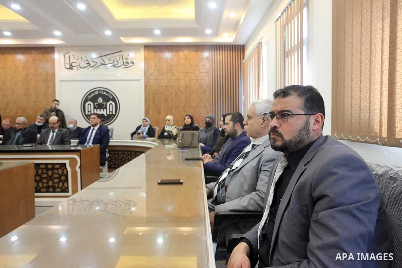 Palestinians attend "Kuwait historical role in supporting the Palestinian cause" meeting, in Gaza city on Feb. 22, 2022. Photo by Youssef Abu Watfa