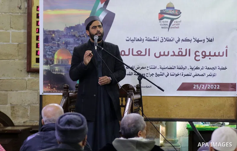 Palestinians attend Friday prayer in solidarity with the people of Jerusalem, in Great Omari Mosque, in Gaza city on Feb. 25, 2022. Photo by Mahmoud Nasser