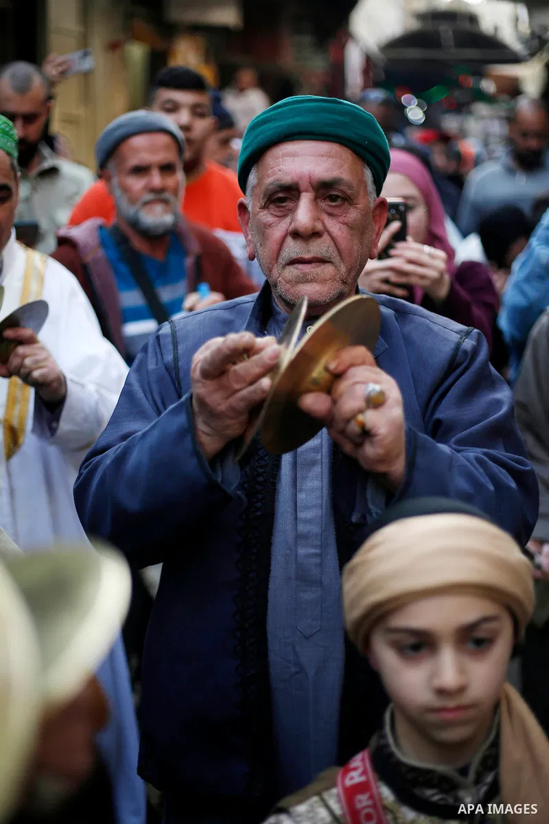 Palestinian sufis perform during a celebration of the Islamic holiday of Isra Mi'raj, in the old city of the West Bank city of Nablus, Feb. 28, 2022. The holiday marks what Muslims believe is the Prophet Mohammad's journ...