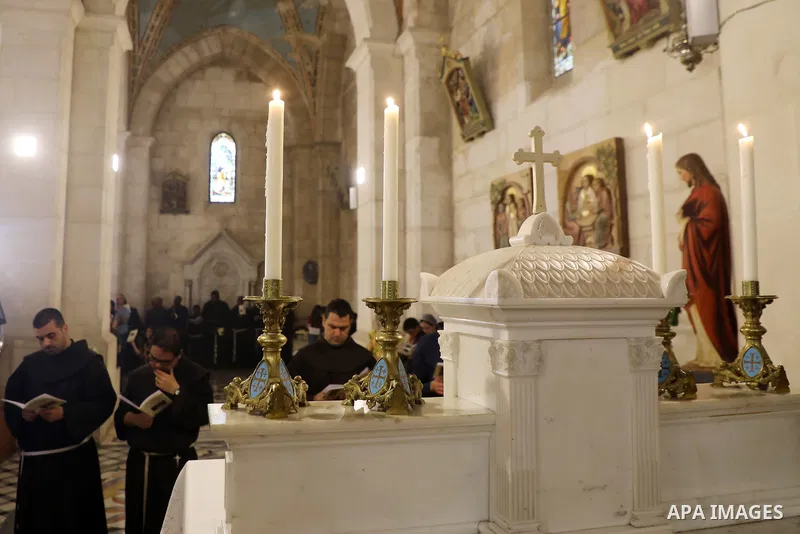 Christian Palestinians attend the Monday of the Angel mass (Feast of disciples of Jesus Simon and Cleopas) known as “Little Easter", in the monastery of the village of Al-Qubeiba northwest of Jerusalem, on April 18, 2022...