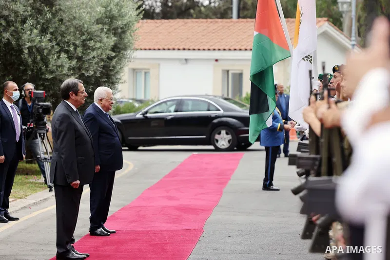 Palestinian president Mahmoud Abbas meets with his cypriot counterpart Nicos Anastasiades, in Nicosia, Cyprus on June 14, 2022. Photo by Thaer Ganaim