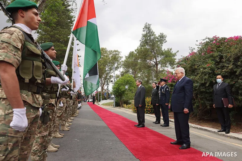 Palestinian president Mahmoud Abbas meets with his cypriot counterpart Nicos Anastasiades, in Nicosia, Cyprus on June 14, 2022. Photo by Thaer Ganaim