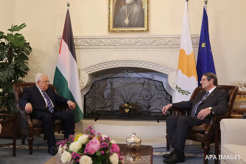 Palestinian president Mahmoud Abbas meets with his cypriot counterpart Nicos Anastasiades, in Nicosia, Cyprus on June 14, 2022. Photo by Thaer Ganaim