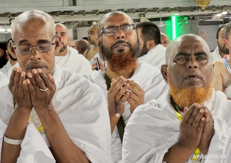 Muslim pilgrims perform prayer and Tawaf around the Kaaba, Islam's holiest shrine, at the Grand mosque in the holy Saudi city of Mecca, during annual Hajj pilgrimage on June 27, 2022. Annual Saudi Arabia welcomed its fir...