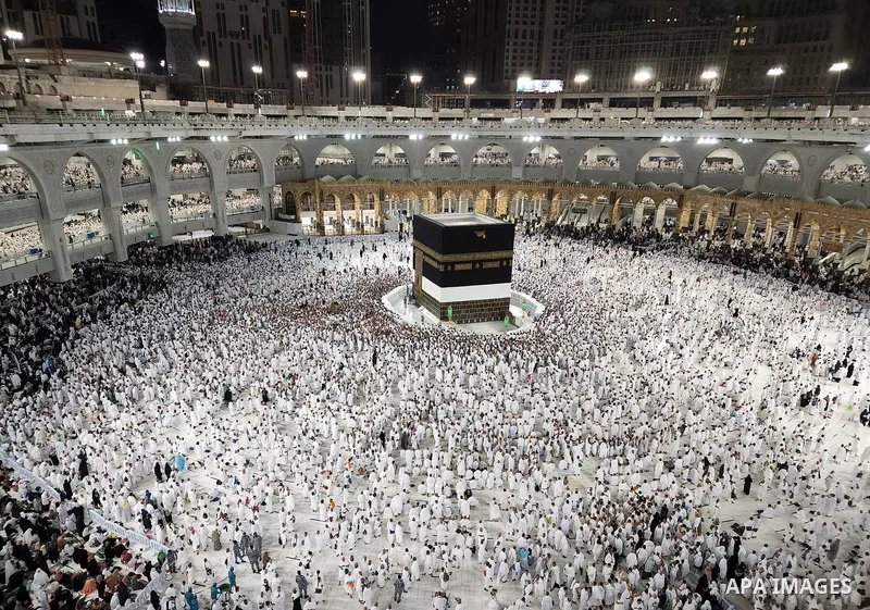 Muslim pilgrims perform prayer and Tawaf around the Kaaba, Islam's holiest shrine, at the Grand mosque in the holy Saudi city of Mecca, during annual Hajj pilgrimage on June 27, 2022. Annual Saudi Arabia welcomed its fir...