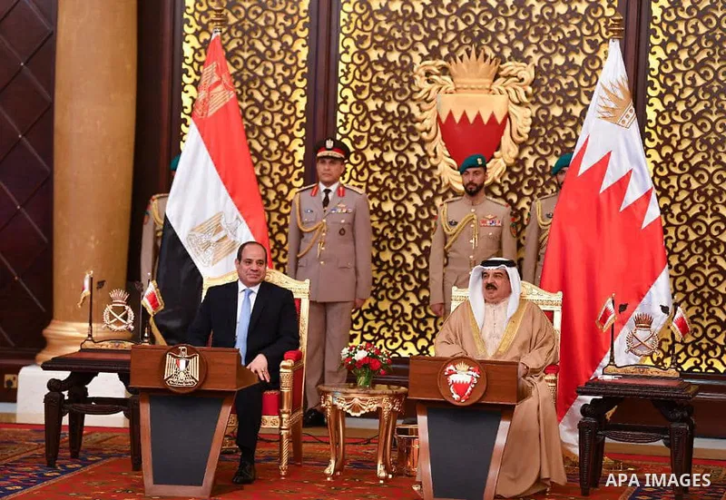 Egyptian President Abdel Fattah al-Sisi meets with King Hamad bin Isa Al Khalifa, King of the Kingdom of Bahrain in Manama, Bahrain on June 29, 2022. Photo by Egyptian President Office