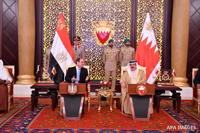 Egyptian President Abdel Fattah al-Sisi meets with King Hamad bin Isa Al Khalifa, King of the Kingdom of Bahrain in Manama, Bahrain on June 29, 2022. Photo by Egyptian President Office