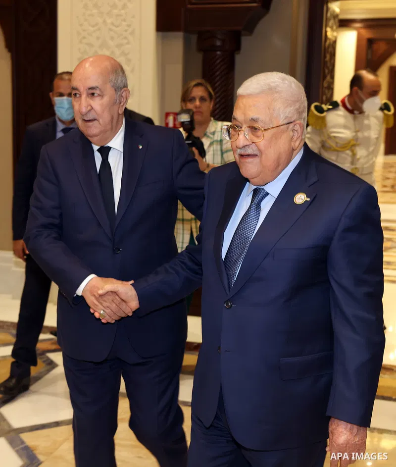 Palestinian president Mahmud Abbas meets with Algerian President Abdelmajid Tebboune during his visit to attend Algeria's 60th independence anniversary in the capital Algiers on July 05, 2022. This was the first public m...