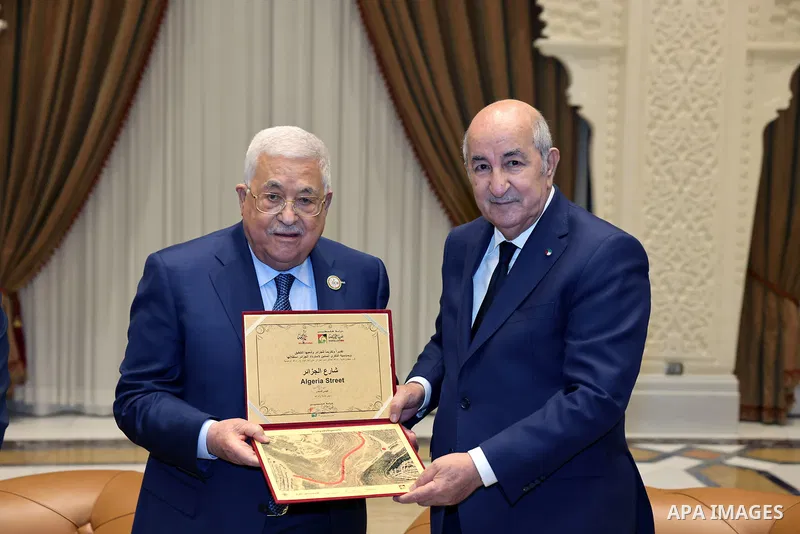 Palestinian president Mahmud Abbas meets with Algerian President Abdelmajid Tebboune during his visit to attend Algeria's 60th independence anniversary in the capital Algiers on July 05, 2022. This was the first public m...