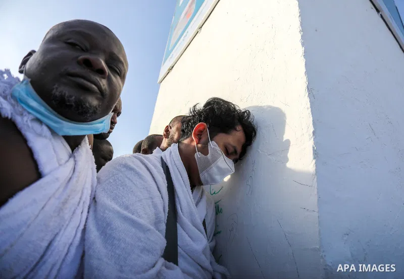 Muslim pilgrims pray on Mount Arafat, as Jabal al-Rahma near Mecca, as they take part in one of the Hajj rituals southeast of the Saudi holy city of Mecca on July 8, 2022. Arafat is the site where Muslims believe the Pro...
