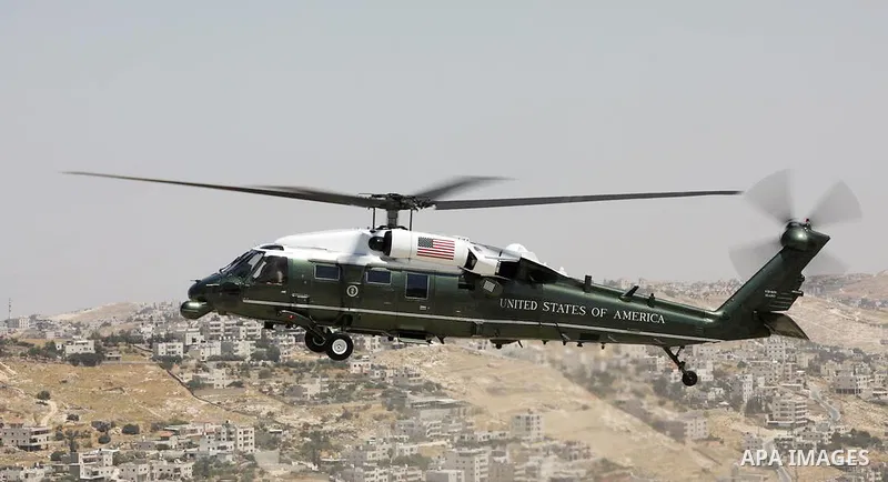 The US president's helicopter, Marine One, flies above Bethlehem in the West Bank as the president heads to Israel's Ben Gurion Airport on July 15, 2022. Biden is travelling to Saudi Arabia after two-day visit to Israel....