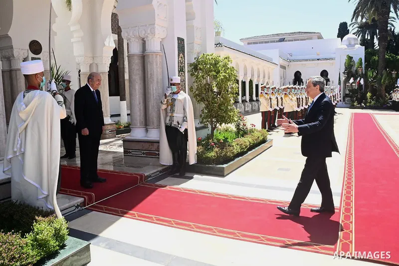 Algerian President Abdelmadjid Tebboune meets with Italian Prime Minister Mario Draghiat the palace of El Mouradia in Algiers, Algeria, 18 July 2022. Draghi is in Algiers to attend the Italo-Algerian intergovernmental su...