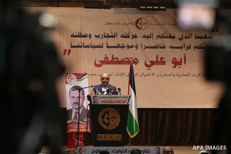 Deputy Secretary-General of Popular Front for the Liberation of Palestine (PFLP), Jamil Mezher speaks during the national festival the The 21th anniversary of the killing of Abu Ali Mustafa, leader of (PFLP), in Gaza cit...