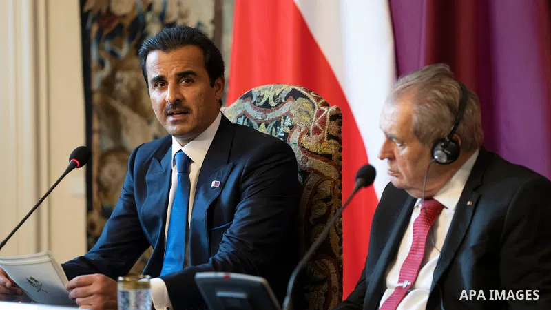 Emir of the State of Qatar Tamim bin Hamad meets with Milos Zeman, President of the Czech Republic in the Czech capital Prague, on October 5, 2022. Photo by Qatari Emiri Diwan\ apaimages