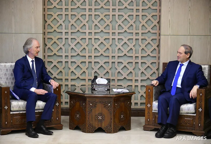 DAMASCUS, Oct. 17, 2022 The visiting UN special envoy to Syria, Geir Pedersen (L), meets with Syria's Foreign Minister Faisal Mekdad in Damascus, Syria, Oct. 17, 2022. TO GO WITH ''UN envoy appeals for political progress...