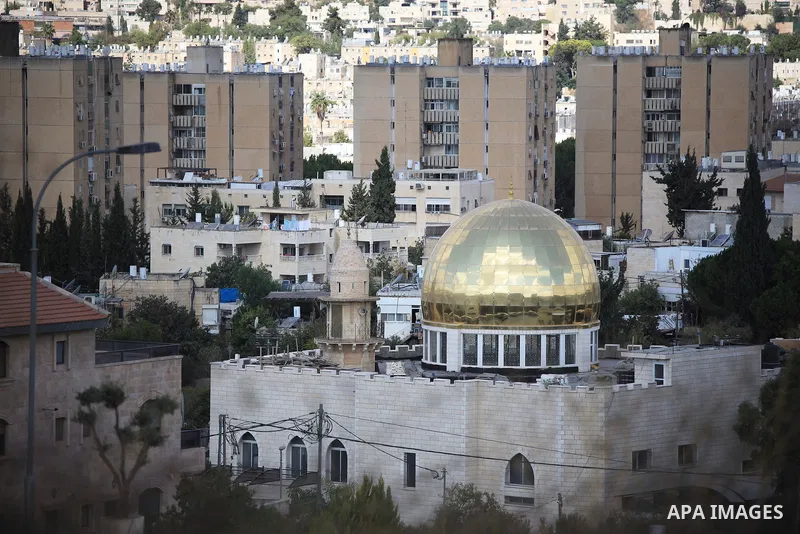 A general view of the golden dome built on top of the Abdul Rahman mosque in Beit Safafa, Jerusalem on October 18, 2022. Israeli authorities notified to tear down the golden dome of a mosque in the southern Jerusalem nei...