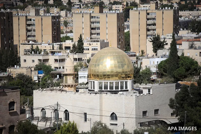 A general view of the golden dome built on top of the Abdul Rahman mosque in Beit Safafa, Jerusalem on October 18, 2022. Israeli authorities notified to tear down the golden dome of a mosque in the southern Jerusalem nei...
