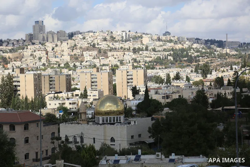 A general view of the golden dome built on top of the Abdul Rahman mosque in Beit Safafa, Jerusalem on October 18, 2022. Israeli authorities notified to tear down the golden dome of a mosque in the southern Jerusalem nei...