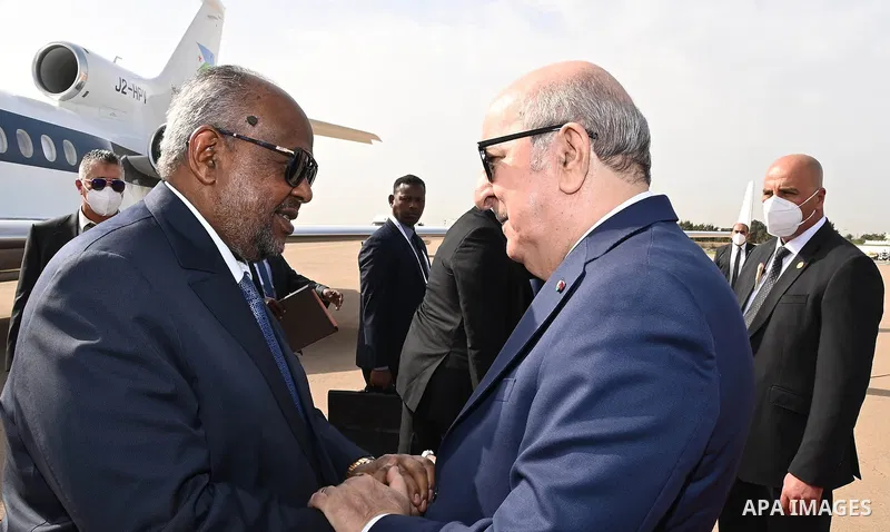 Algerian President Abdelmadjid Tebboune meets with Ismail Omar Guelleh, President of the Republic of Djibouti upon his arrival in Algeria to participate in the Arab Summit, on November 1, 2022. Photo by Algerian Presiden...