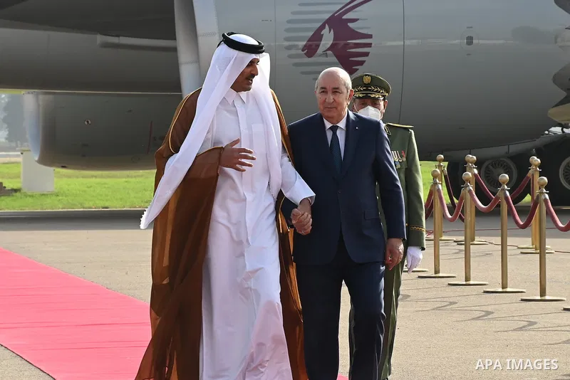 Algerian President Abdelmadjid Tebboune meets with, received Sheikh Tamim bin Hamad Al Thani - Emir of the State of Qatar, on November 2, 2022. Photo by Algerian Presidency Office