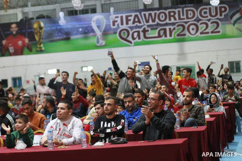Palestinian fans attend FIFA World Cup Qatar 2022 matches in Gaza city on November 23, 2022. Photo by Ali Hamad\ apaimages