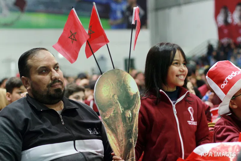 Palestinian fans attend the match between Morocco VS Canada, in the Qatar World Cup FIFA 2022, via a huge screen at a public place in Gaza city on December 1, 2022. The 2022 FIFA World Cup is an association football tour...