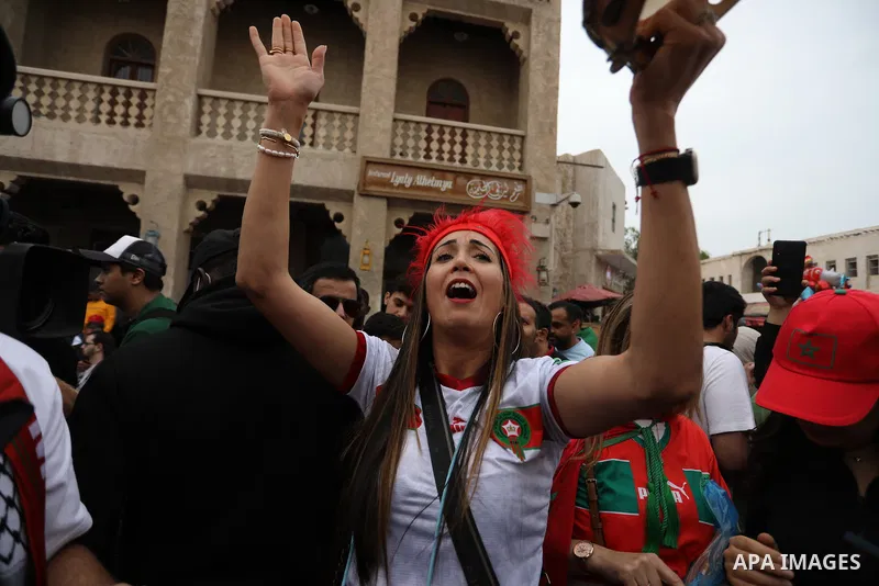 Fans gather in the streets of Doha ahead of the match Morocco vs Portugal in FIFA World Cup, in Doha, Qatar on December 10, 2022. The 2022 FIFA World Cup is an association football tournament, contested by the men's nati...