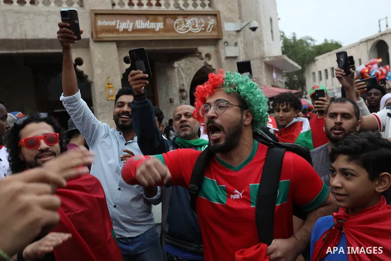 Fans gather in the streets of Doha ahead of the match Morocco vs Portugal in FIFA World Cup, in Doha, Qatar on December 10, 2022. The 2022 FIFA World Cup is an association football tournament, contested by the men's nati...