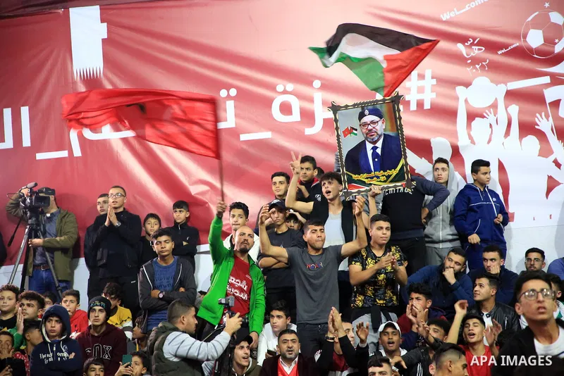 Palestinian fans gather to attend Morocco vs Portugal match in Gaza city on 10, 2022. The 2022 . Photo by Ali Hamad