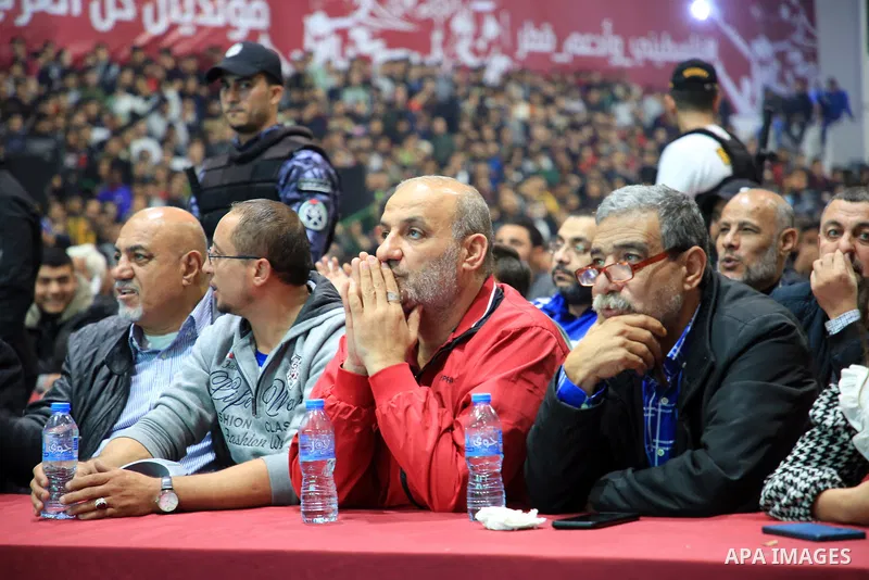 Palestinian fans gather to attend Morocco vs Portugal match in Gaza city on 10, 2022. The 2022 . Photo by Ali Hamad