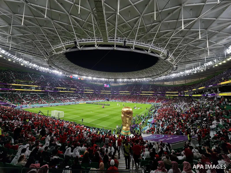 Fans cheer in the stadium during Morocco vs Portugal match in FIFA World Cup, in Doha, Qatar on December 10, 2022. The 2022 FIFA World Cup is an association football tournament, contested by the men's national teams of F...